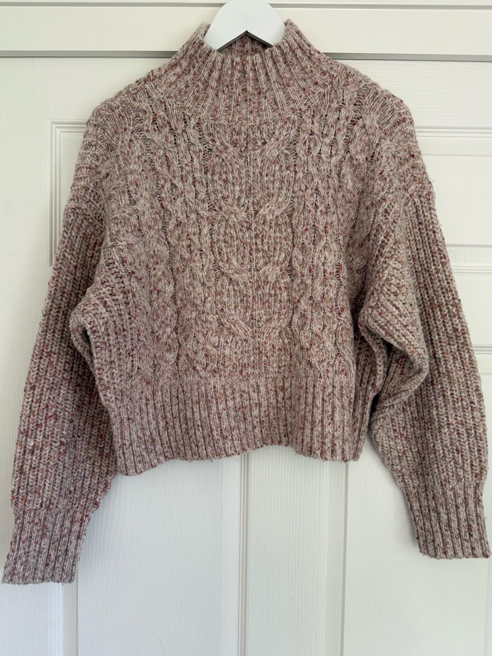 Express Chunky Cable Knit Mock Neck Cropped Wool Blend Boho Sweater